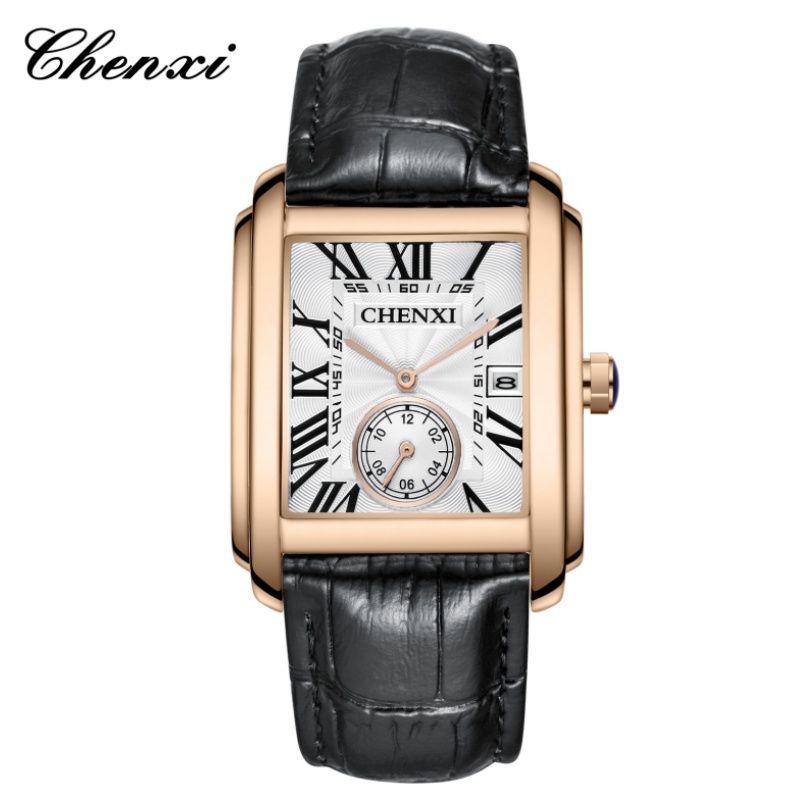 Luxury Watch Mockup - CHENXI 남성용 클래식 스퀘어 브라운 가죽
