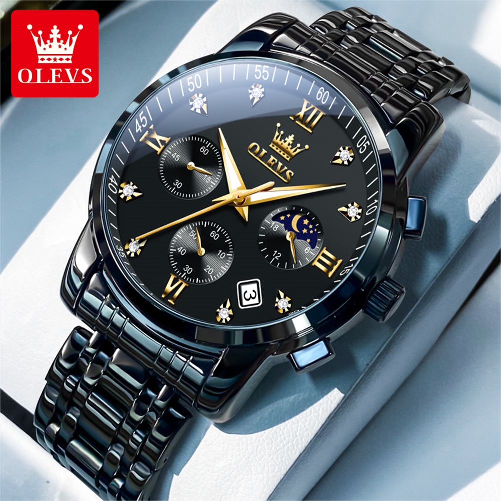 OLEVS 인기 남성용 시계 스테인레스 스틸 블랙 문  - Luxury Watch Brands 리뷰 및 가격