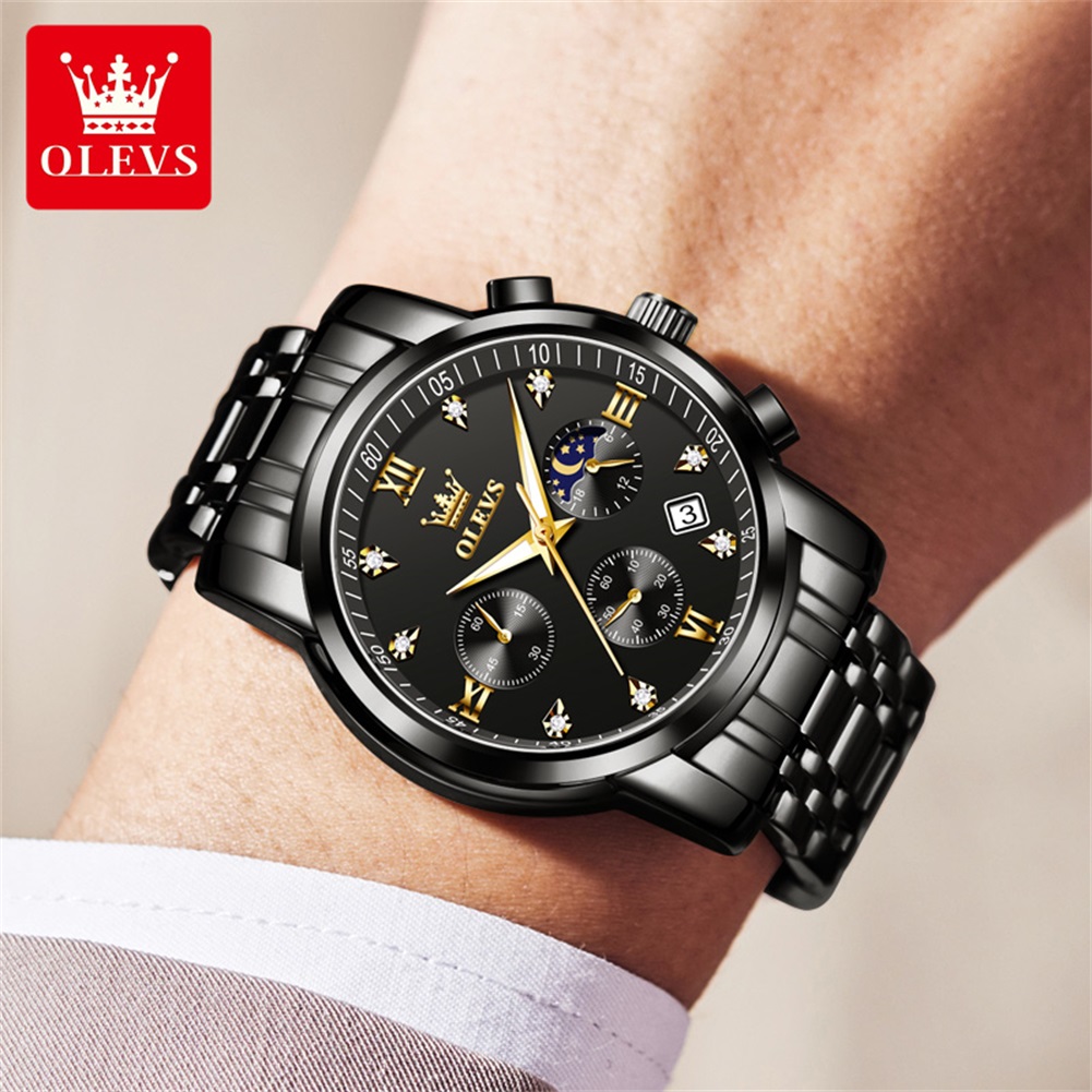 OLEVS 인기 남성용 시계 스테인레스 스틸 블랙 문  - Luxury Watch Brands 리뷰 및 가격